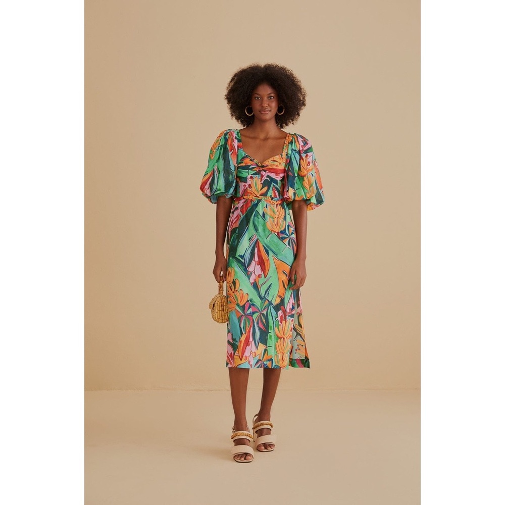 FARM Rio Banana Foliage Puff-Sleeve Midi Dress - Picture 7 of 11